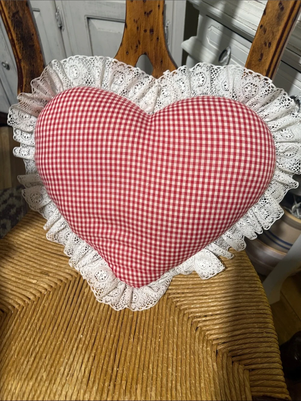 Handmade Heart Pillow - Red Gingham with Lace